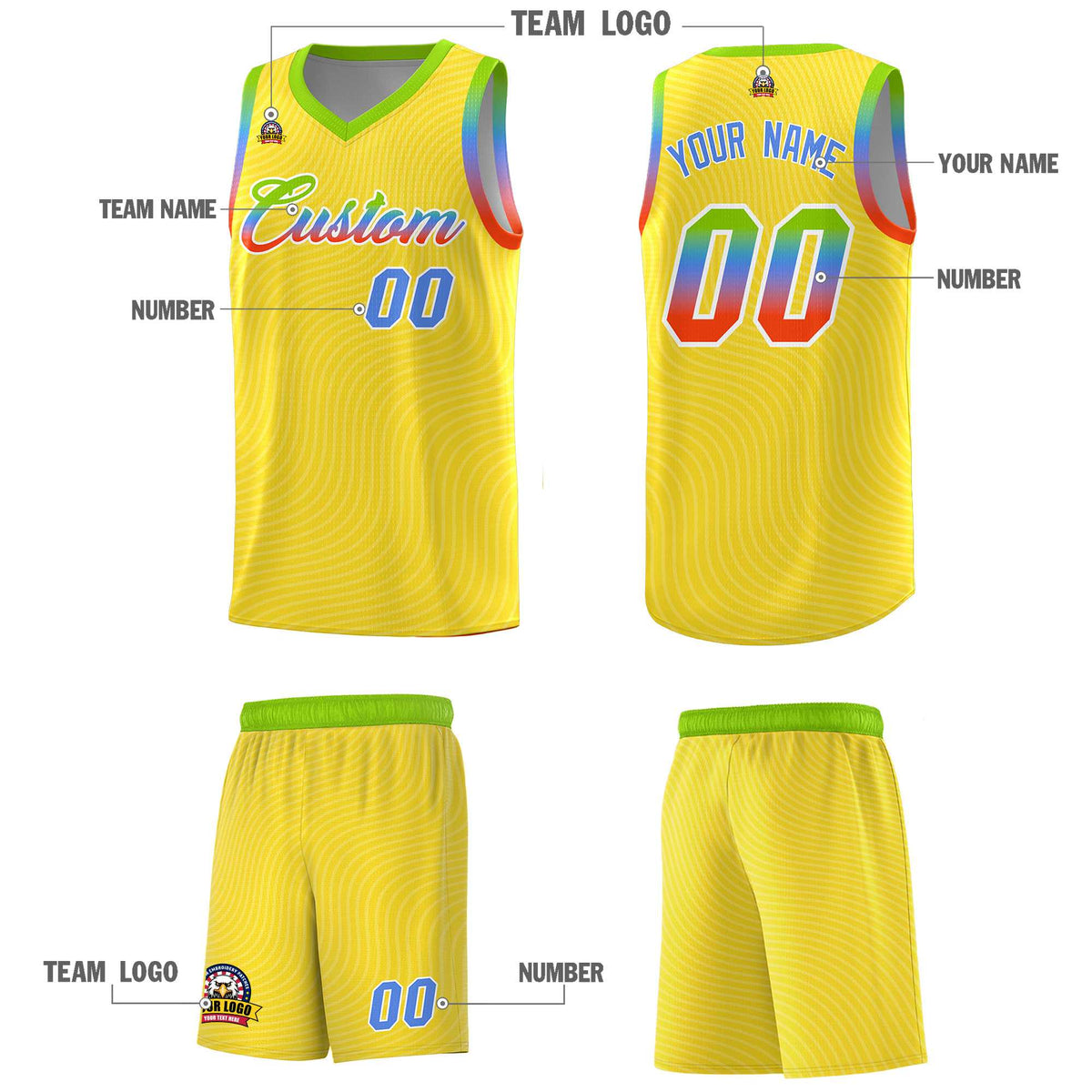 Custom Gold Neon Green Wave Pattern Sports Uniform Basketball Jersey