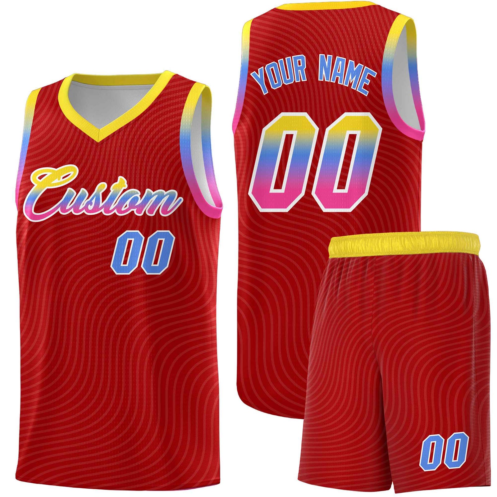 Custom Red Gold Wave Pattern Sports Uniform Basketball Jersey