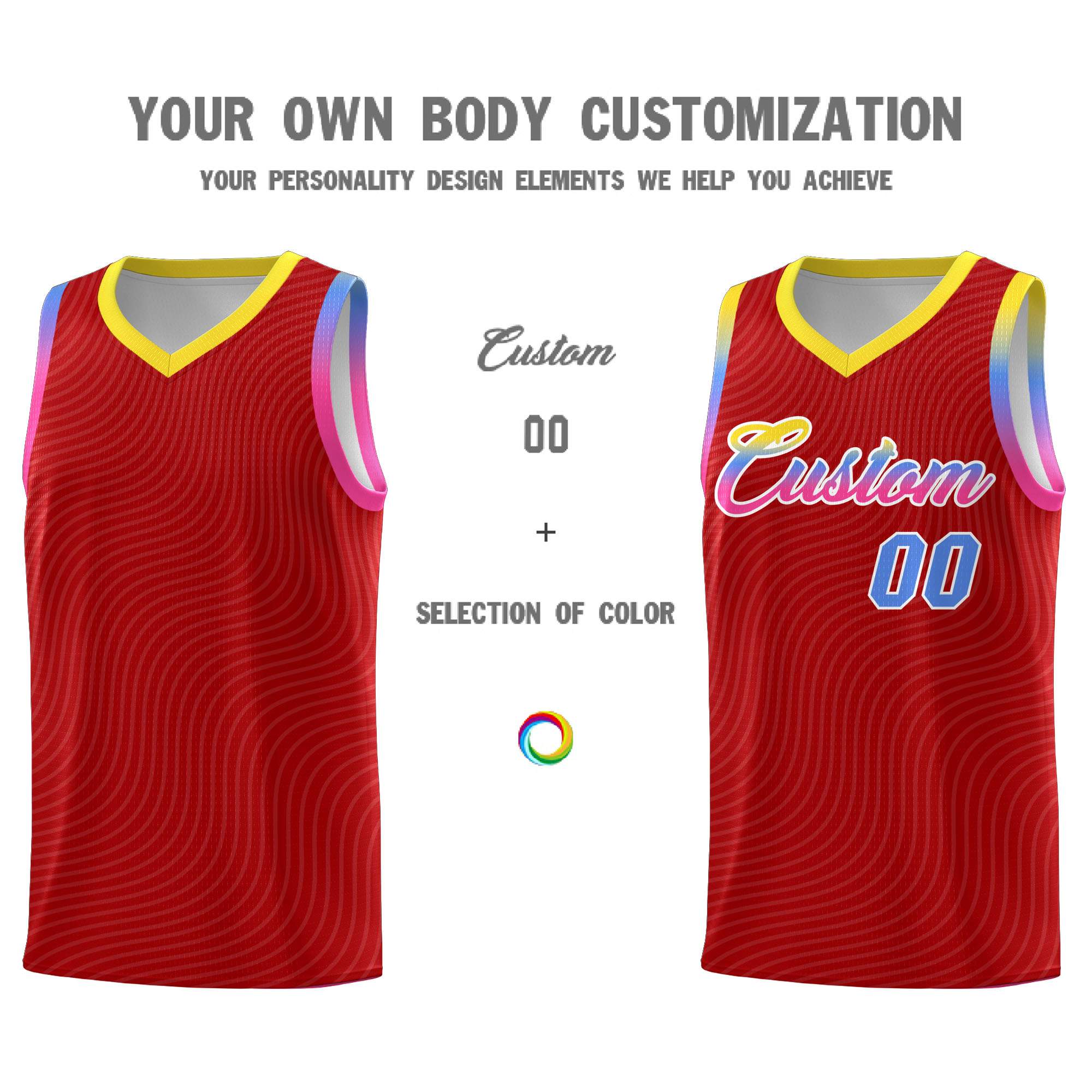 Custom Red Gold Wave Pattern Sports Uniform Basketball Jersey