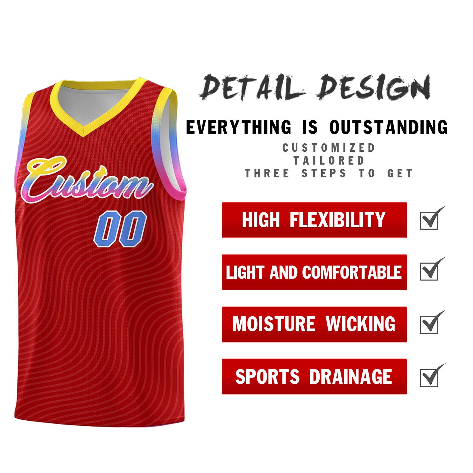 Custom Red Gold Wave Pattern Sports Uniform Basketball Jersey