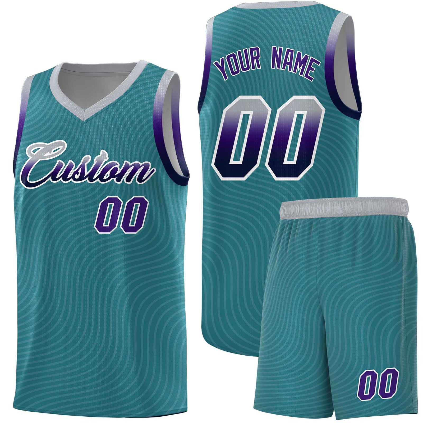 Custom Teal Gray Wave Pattern Sports Uniform Basketball Jersey