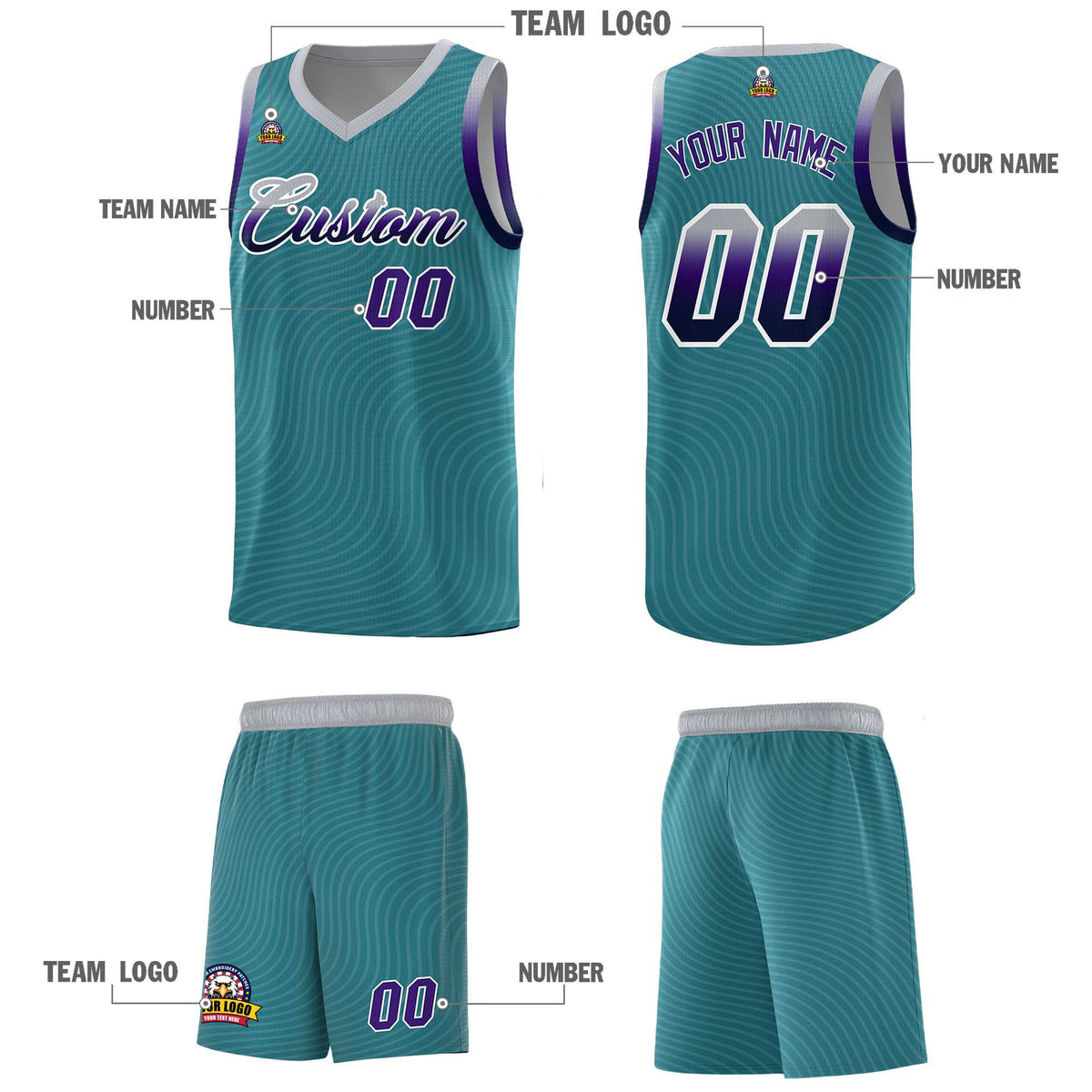 Custom Teal Gray Wave Pattern Sports Uniform Basketball Jersey