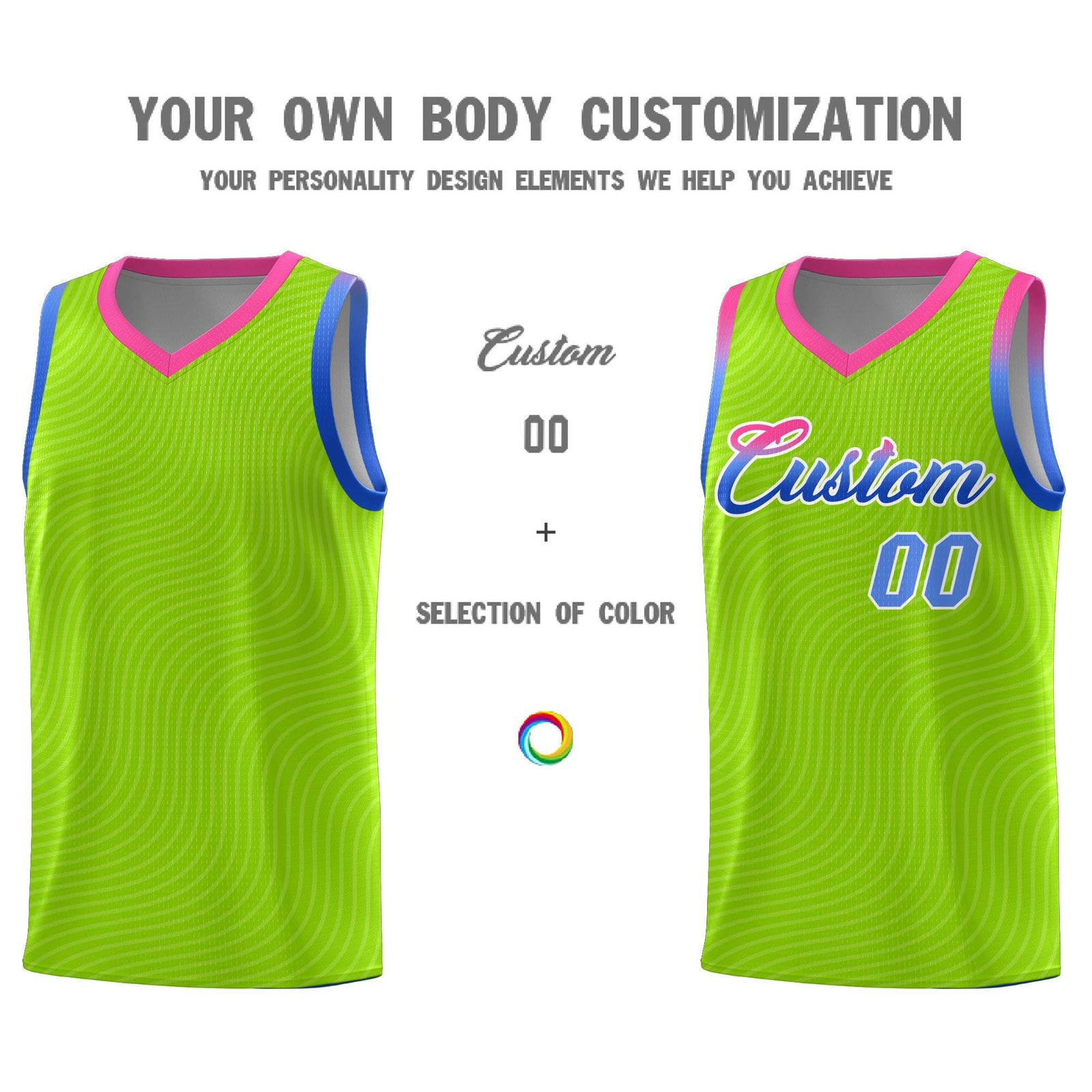 Custom Neon Green Pink Wave Pattern Sports Uniform Basketball Jersey