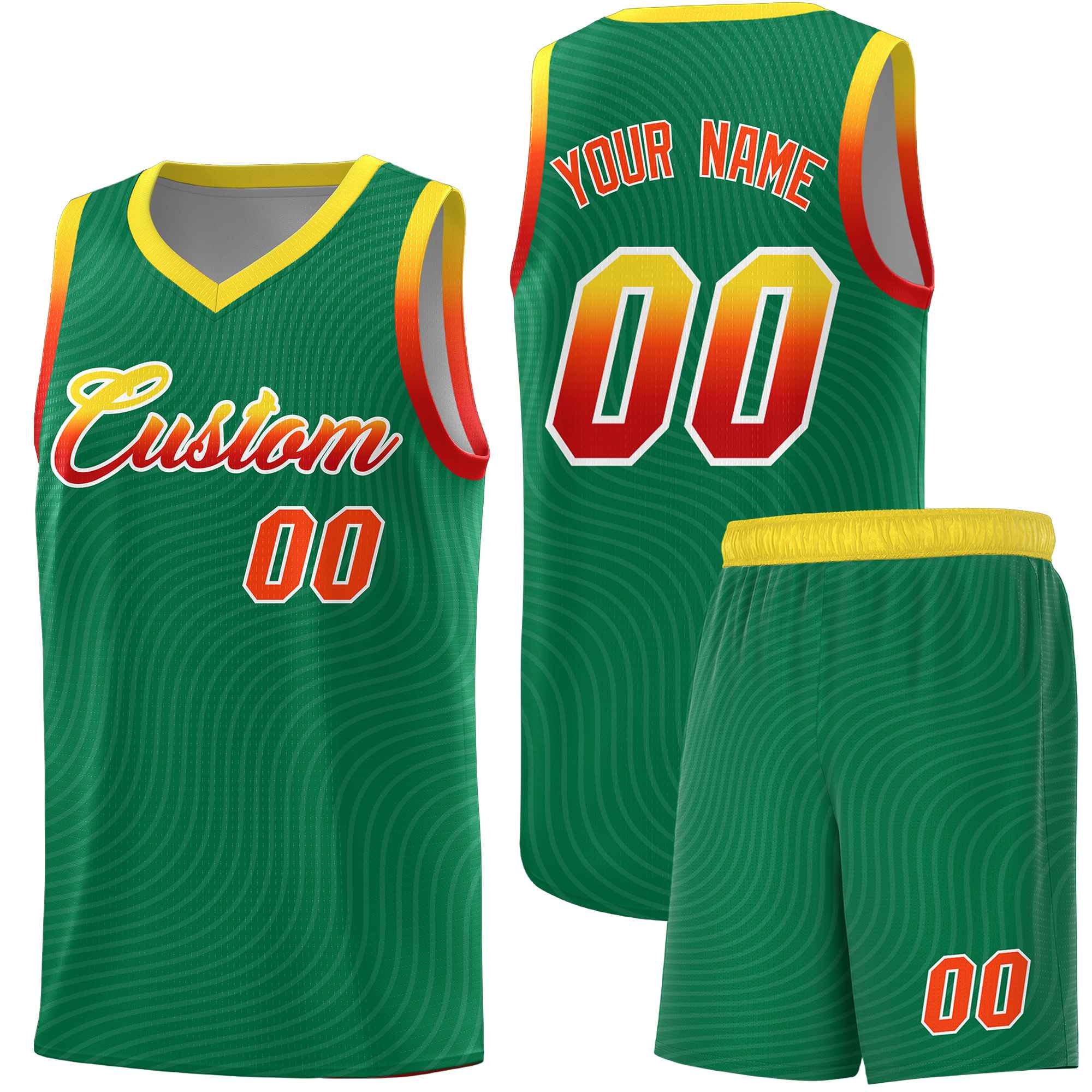 Custom Kelly Green Gold Wave Pattern Sports Uniform Basketball Jersey