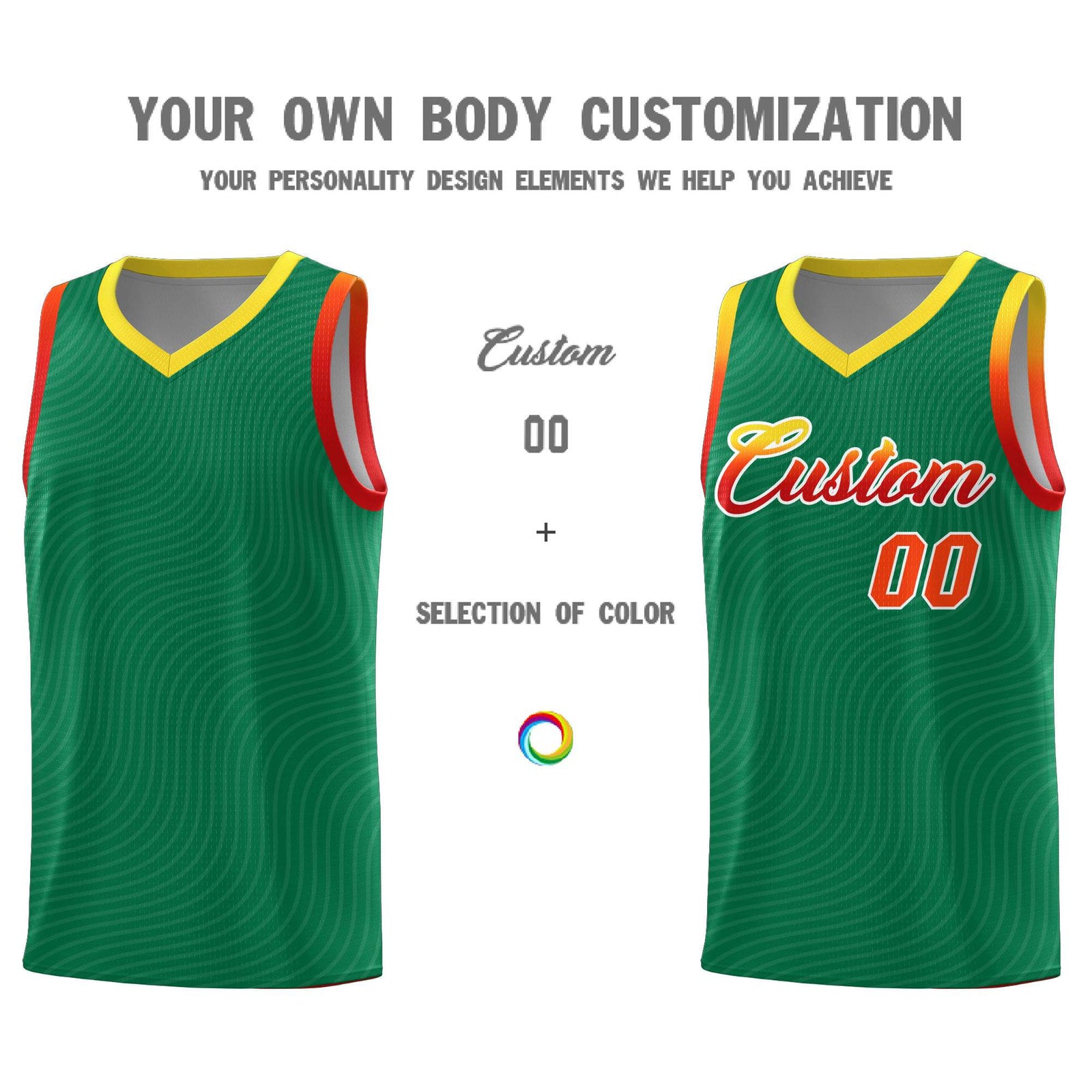 Custom Kelly Green Gold Wave Pattern Sports Uniform Basketball Jersey