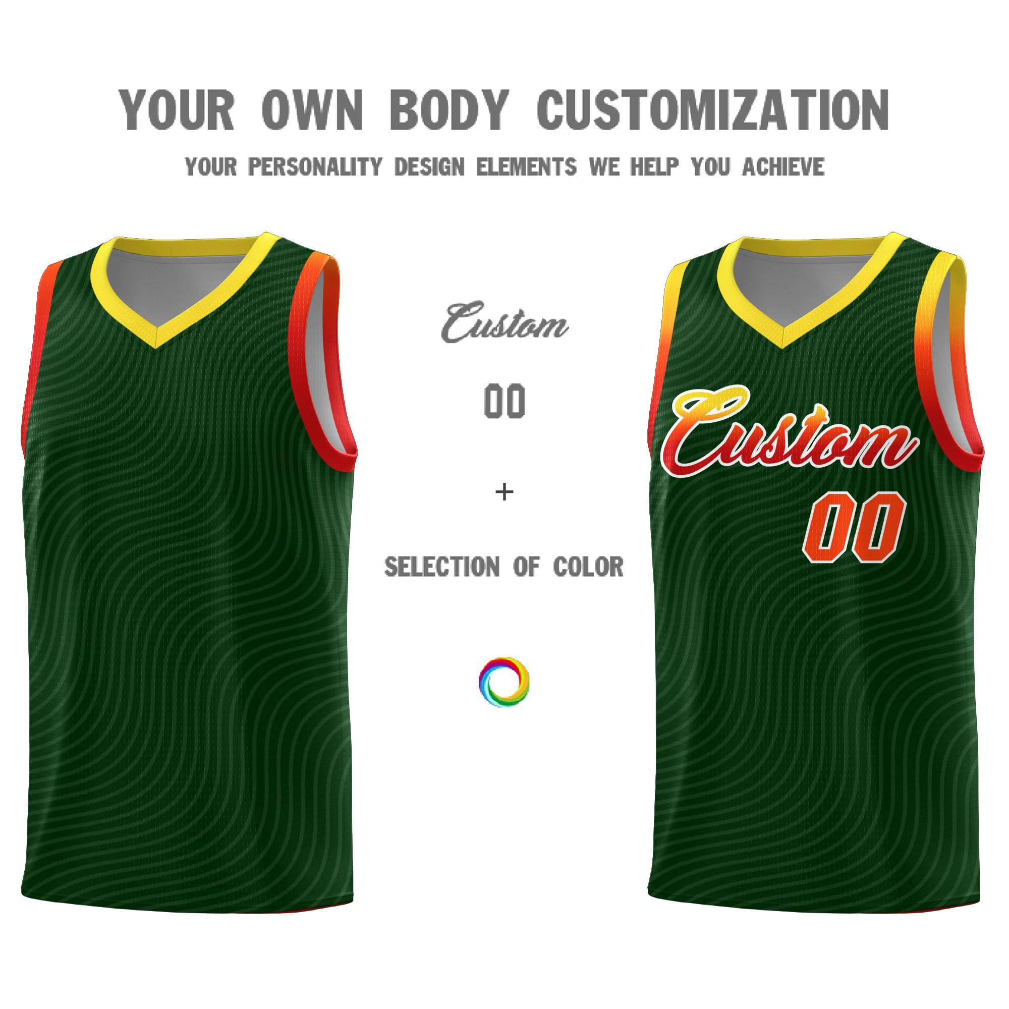 Custom Hunter Green Gold Wave Pattern Sports Uniform Basketball Jersey