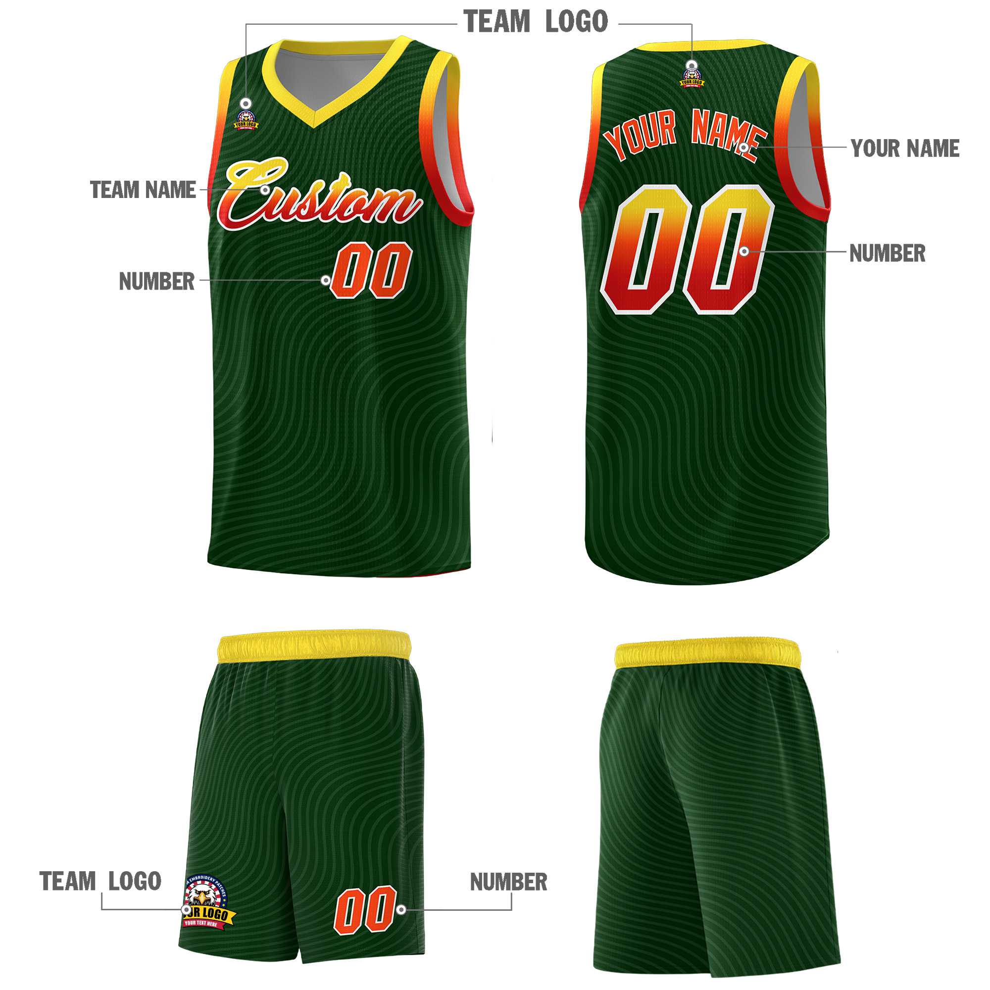 Custom Hunter Green Gold Wave Pattern Sports Uniform Basketball Jersey