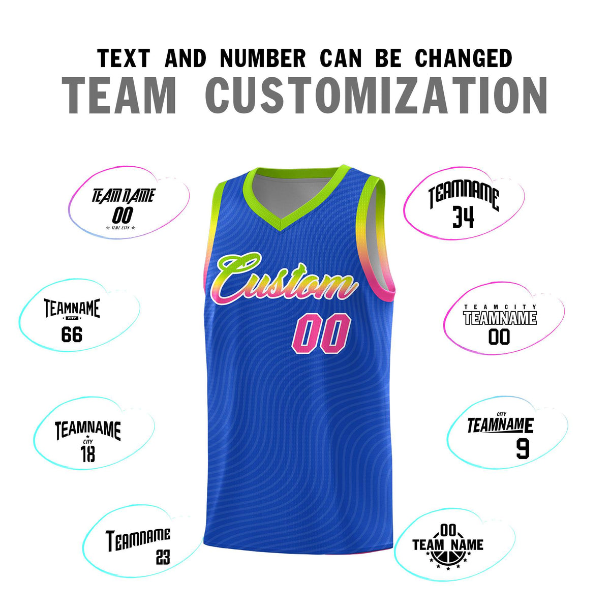 Custom Royal Blue Neon Green Wave Pattern Sports Uniform Basketball Jersey
