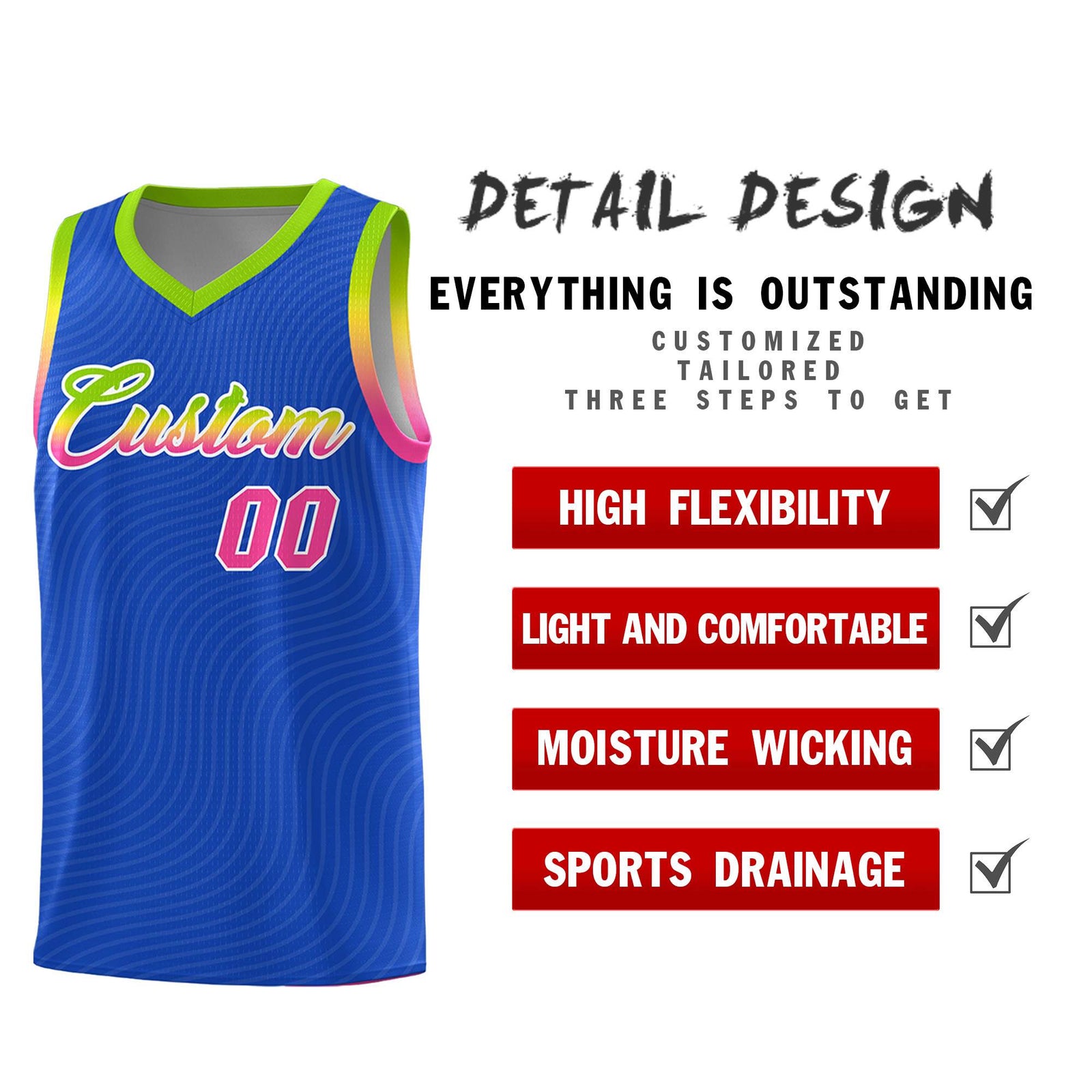 Custom Royal Blue Neon Green Wave Pattern Sports Uniform Basketball Jersey
