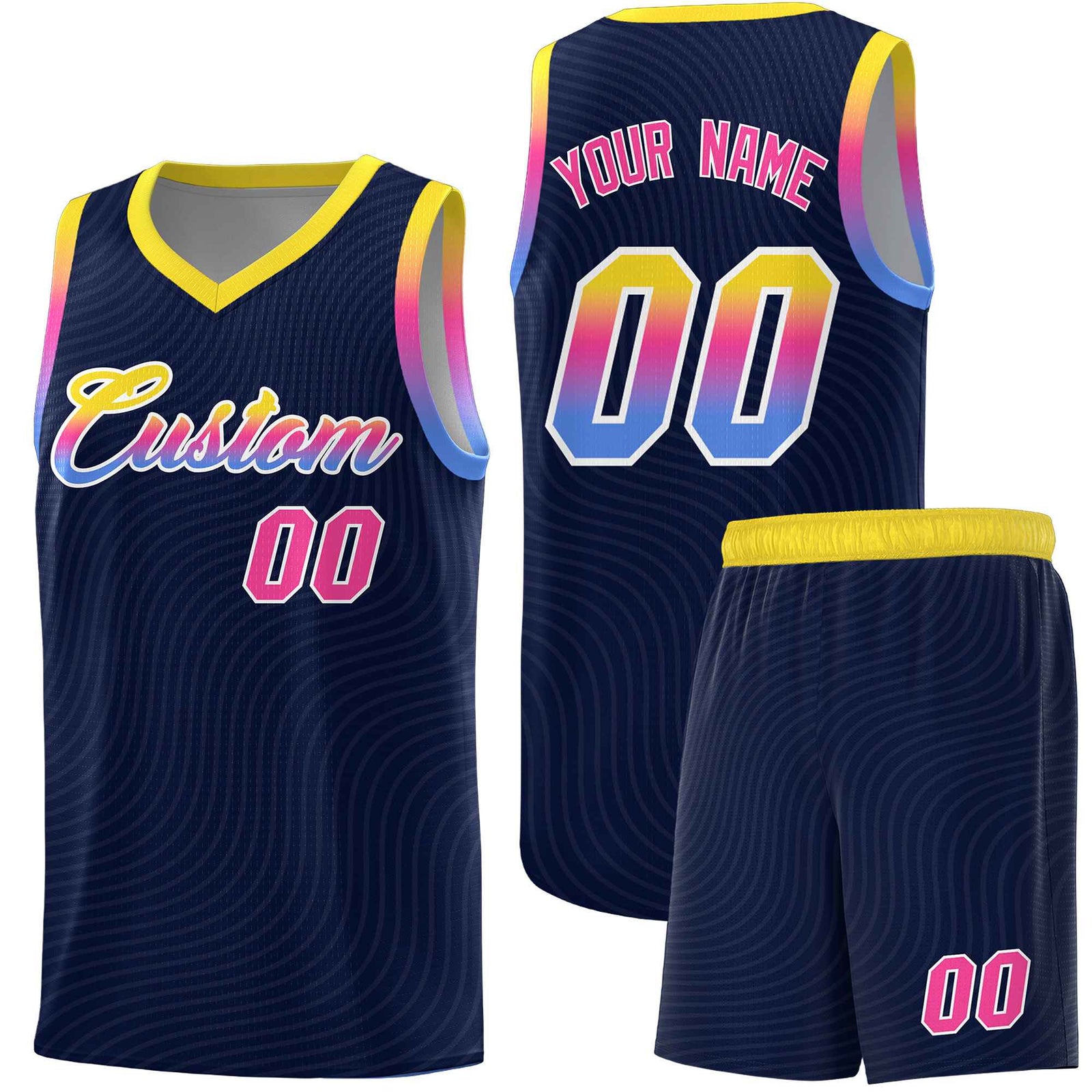 Custom Navy Gold Wave Pattern Sports Uniform Basketball Jersey