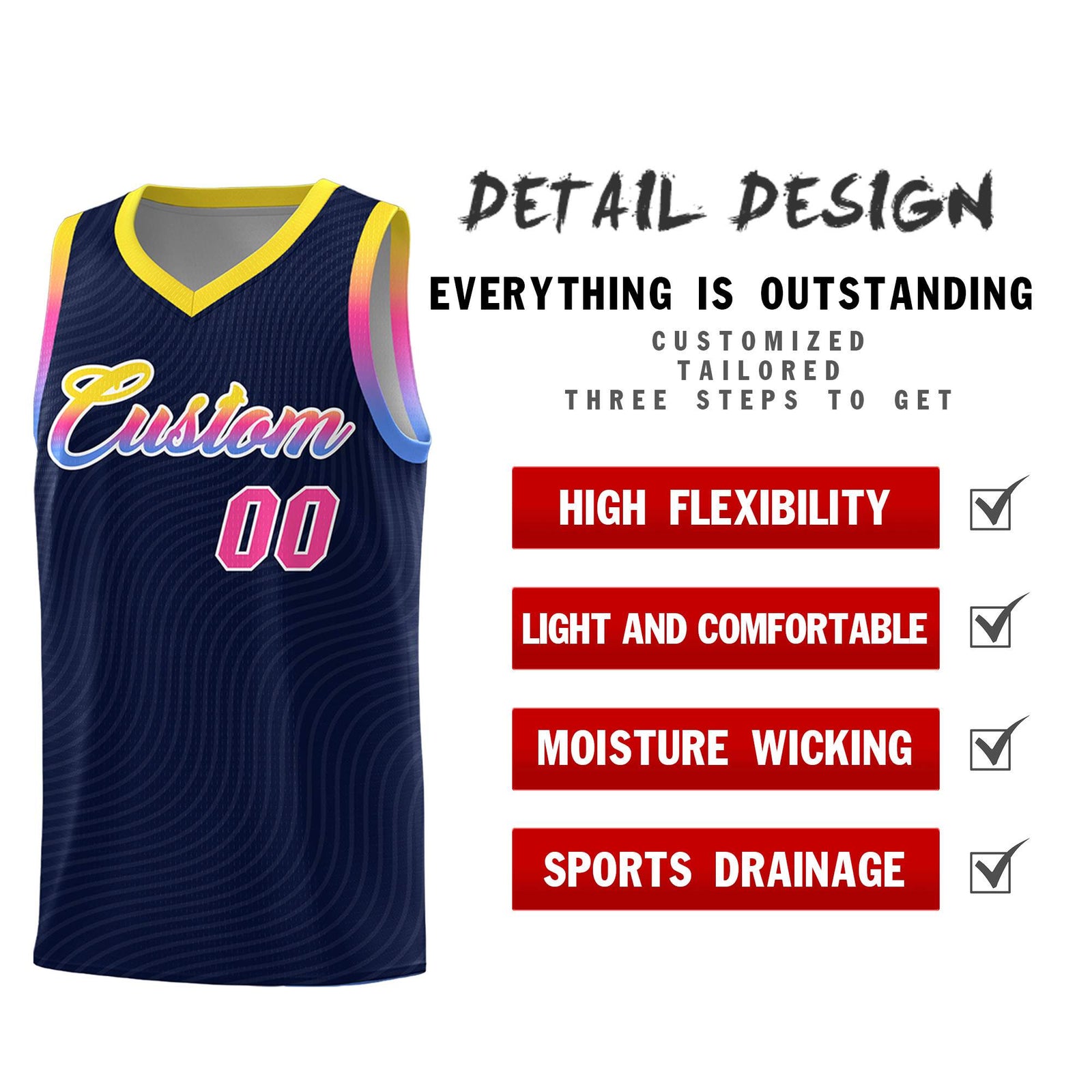 Custom Navy Gold Wave Pattern Sports Uniform Basketball Jersey