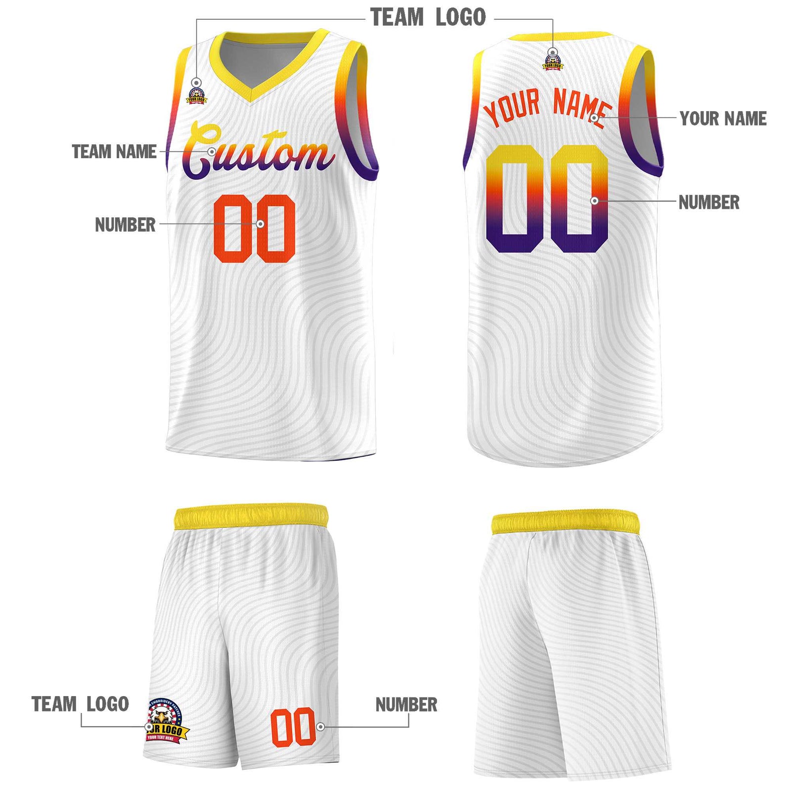 Custom White Gold Wave Pattern Sports Uniform Basketball Jersey