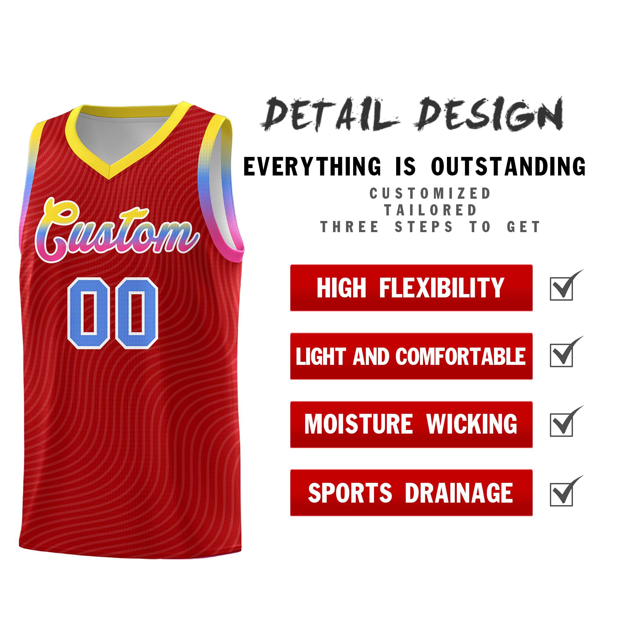 Custom Red Gold Wave Pattern Sports Uniform Basketball Jersey