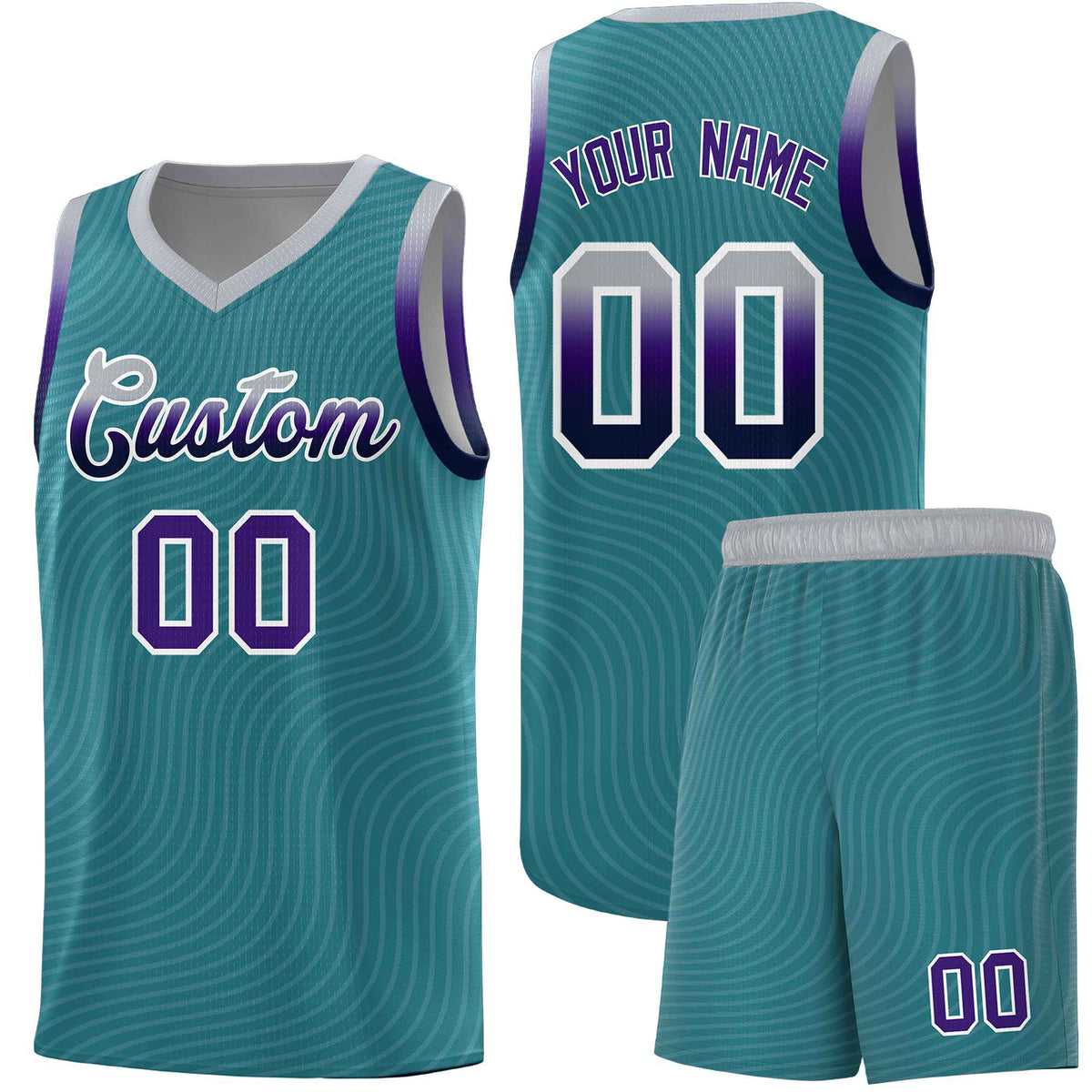 Custom Teal Gray Wave Pattern Sports Uniform Basketball Jersey