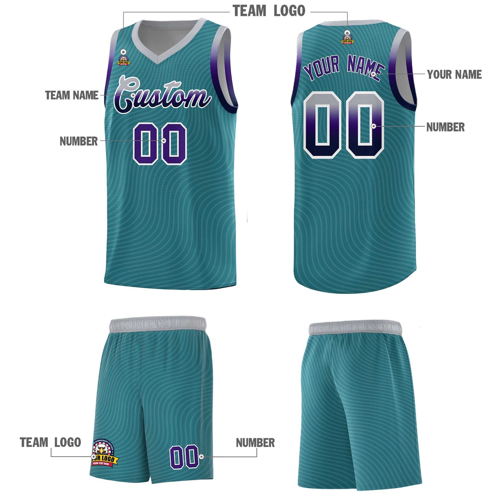 Custom Teal Gray Wave Pattern Sports Uniform Basketball Jersey