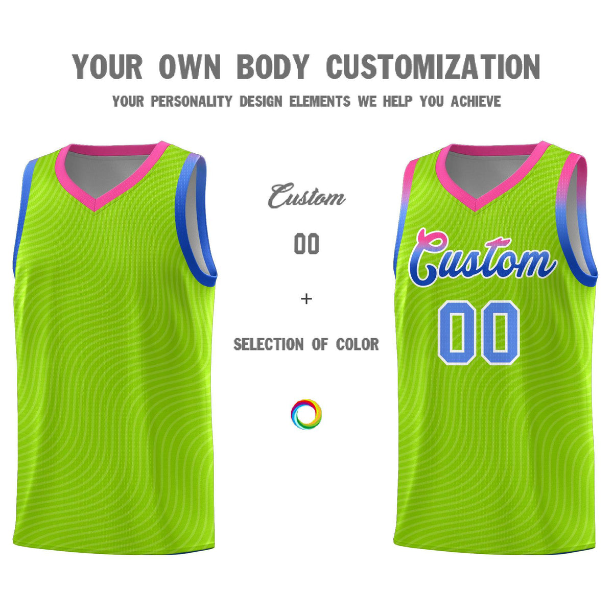 Custom Neon Green Pink Wave Pattern Sports Uniform Basketball Jersey