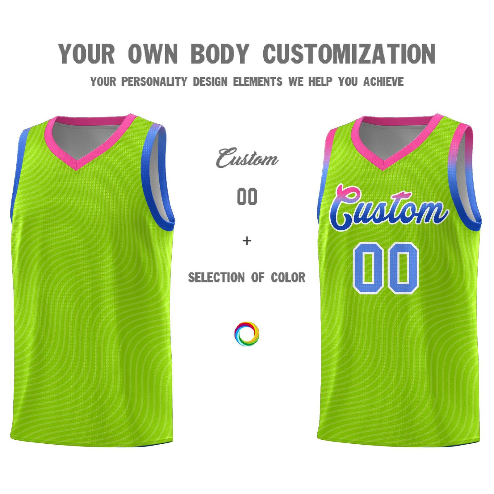 Custom Neon Green Pink Wave Pattern Sports Uniform Basketball Jersey