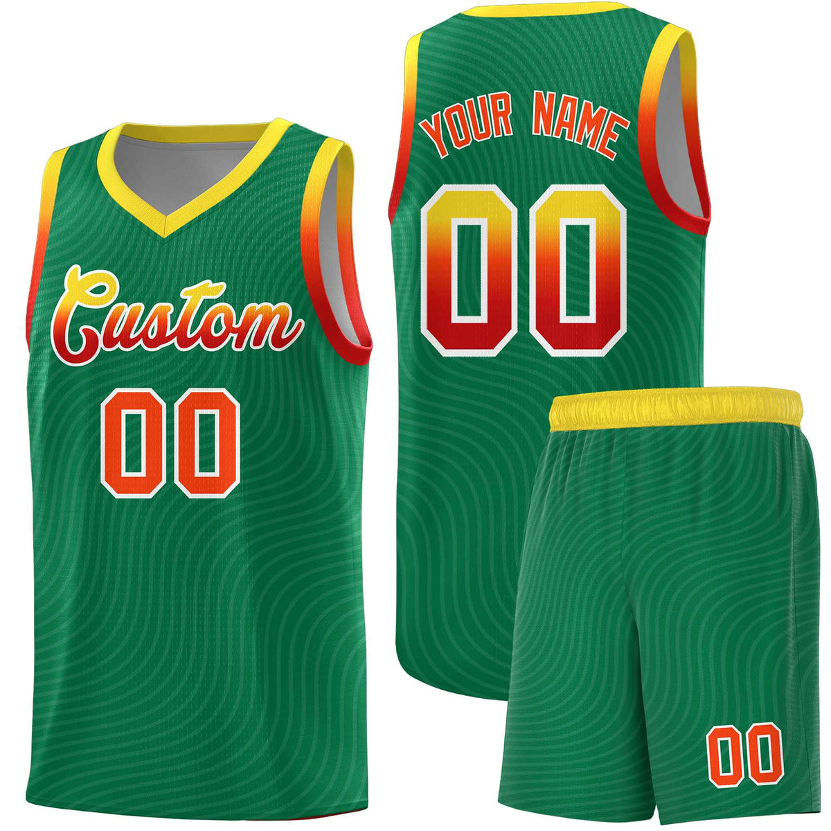 Custom Kelly Green Gold Wave Pattern Sports Uniform Basketball Jersey