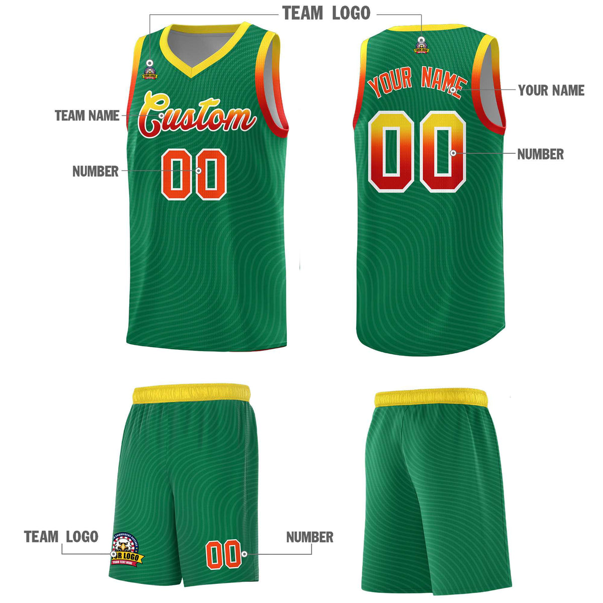 Custom Kelly Green Gold Wave Pattern Sports Uniform Basketball Jersey