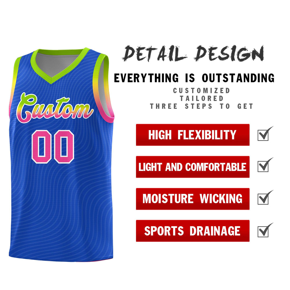 Custom Royal Blue Neon Green Wave Pattern Sports Uniform Basketball Jersey