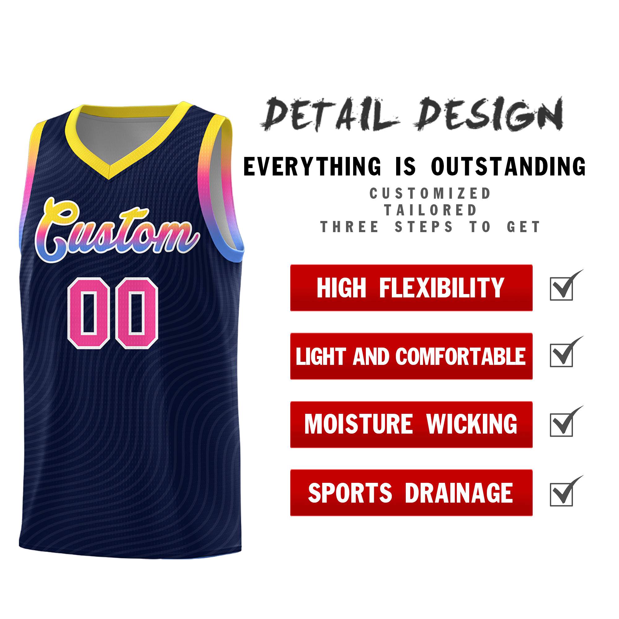 Custom Navy Gold Wave Pattern Sports Uniform Basketball Jersey