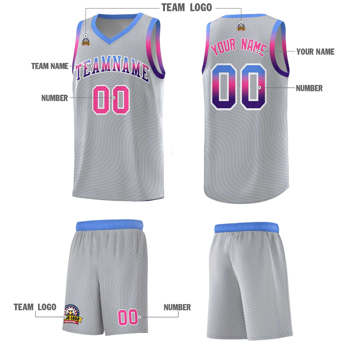 Custom Gray Light Blue Wave Pattern Sports Uniform Basketball Jersey