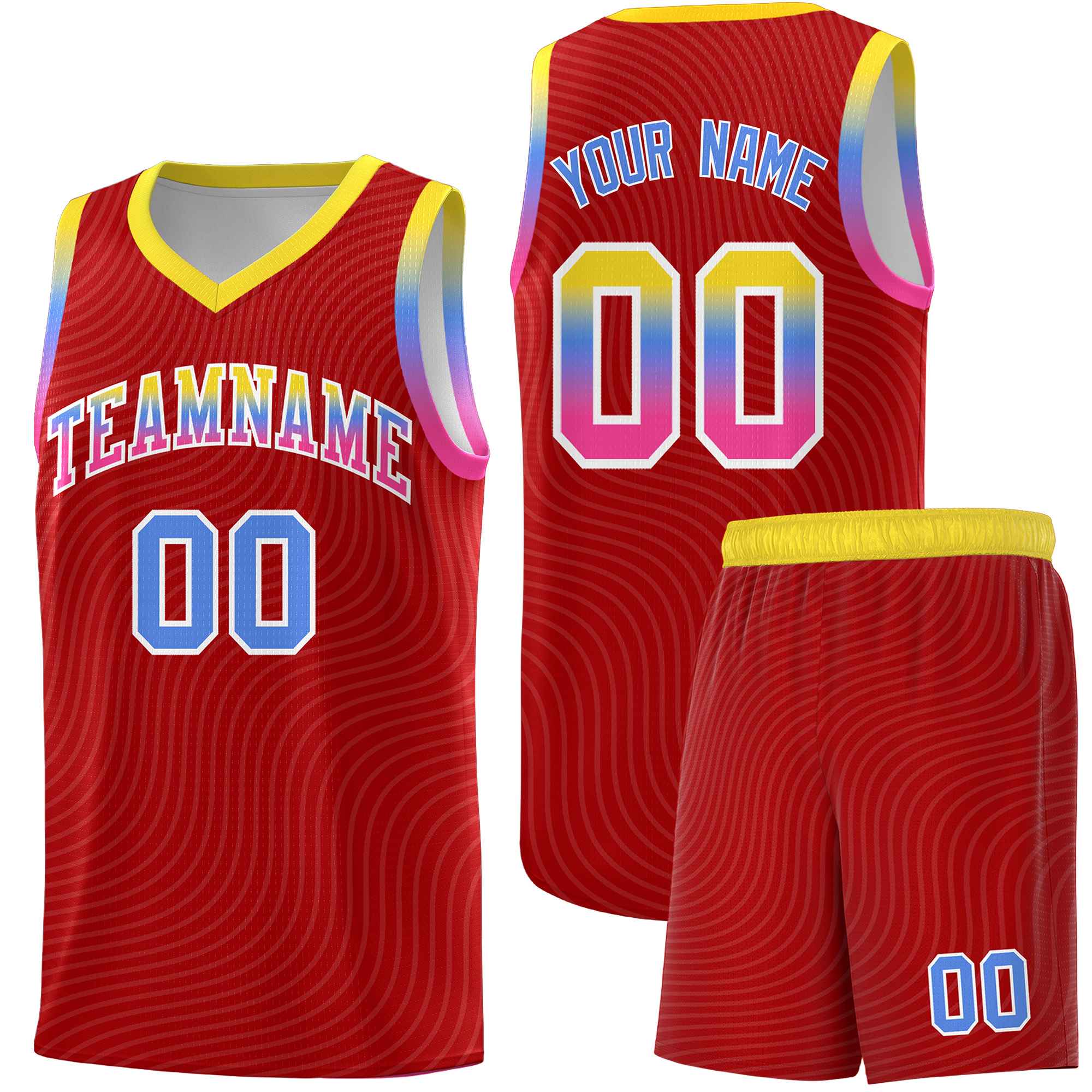 Custom Red Gold Wave Pattern Sports Uniform Basketball Jersey