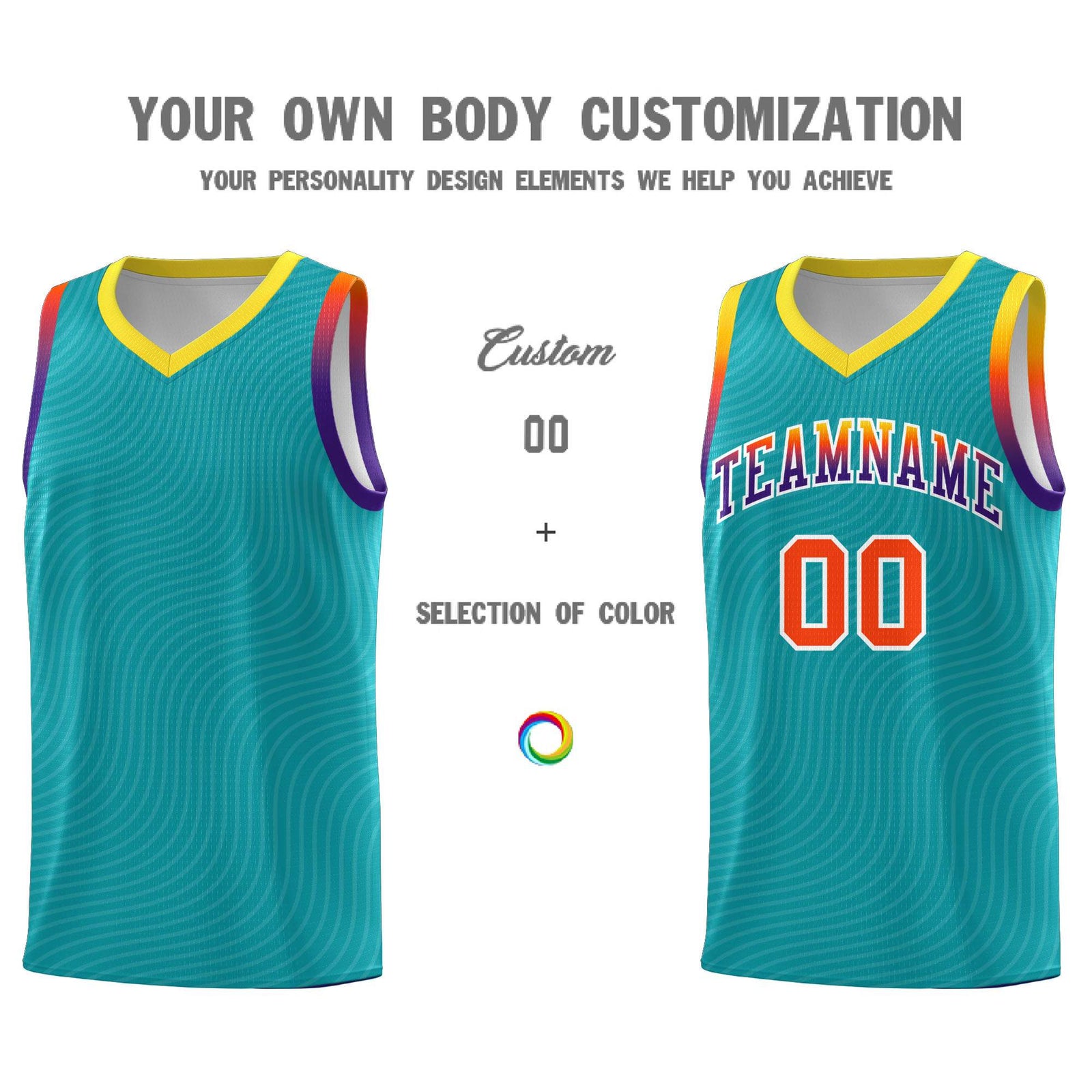 Custom Aqua Gold Wave Pattern Sports Uniform Basketball Jersey