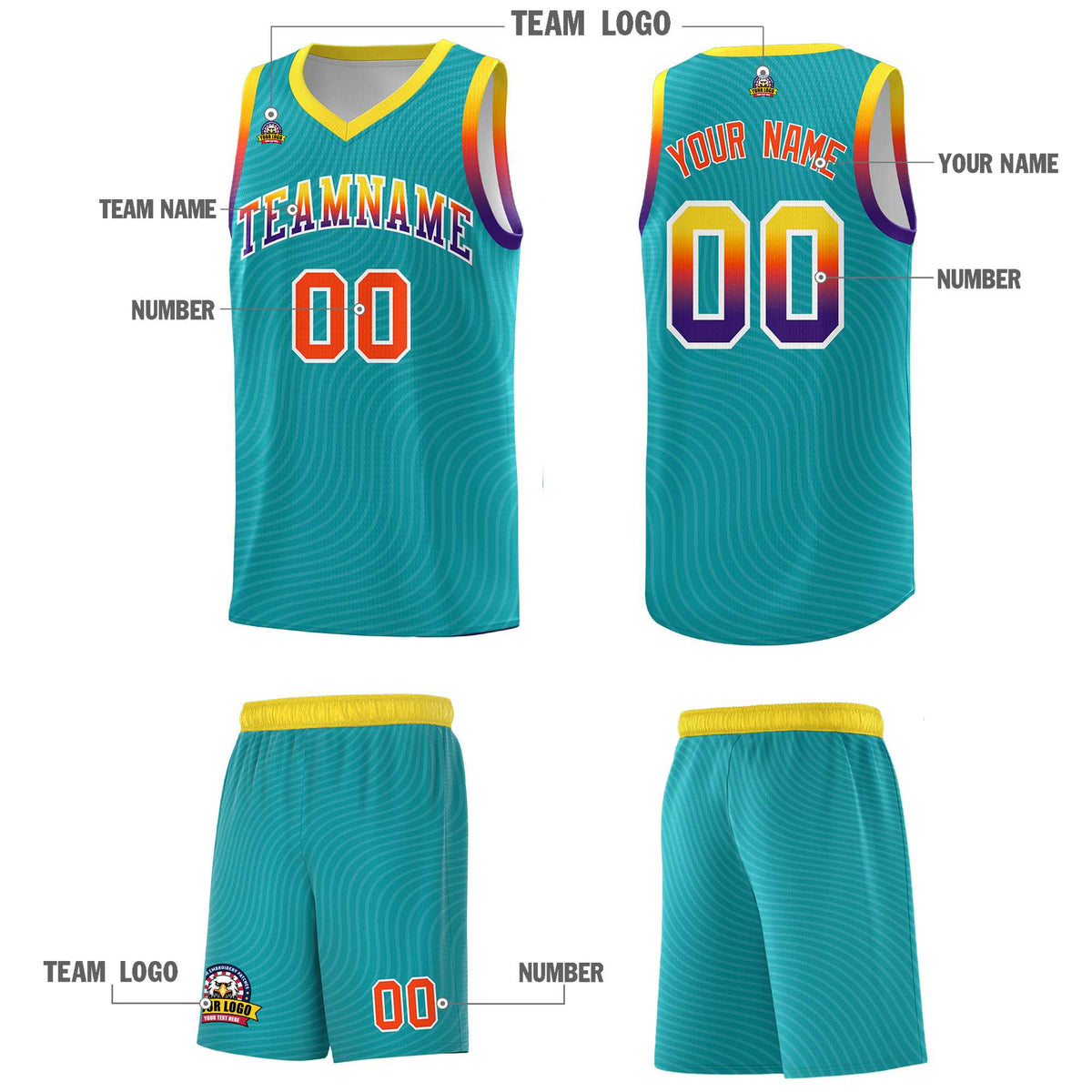 Custom Aqua Gold Wave Pattern Sports Uniform Basketball Jersey