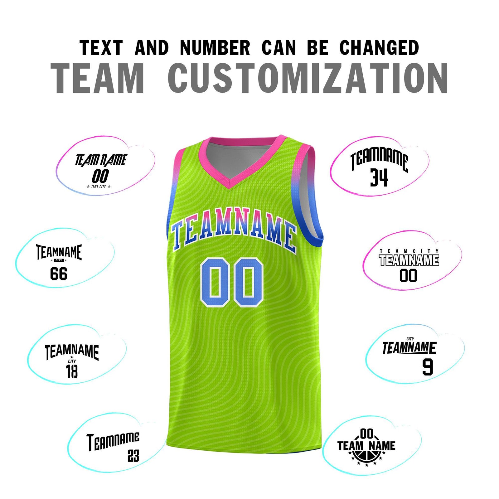 Custom Neon Green Pink Wave Pattern Sports Uniform Basketball Jersey