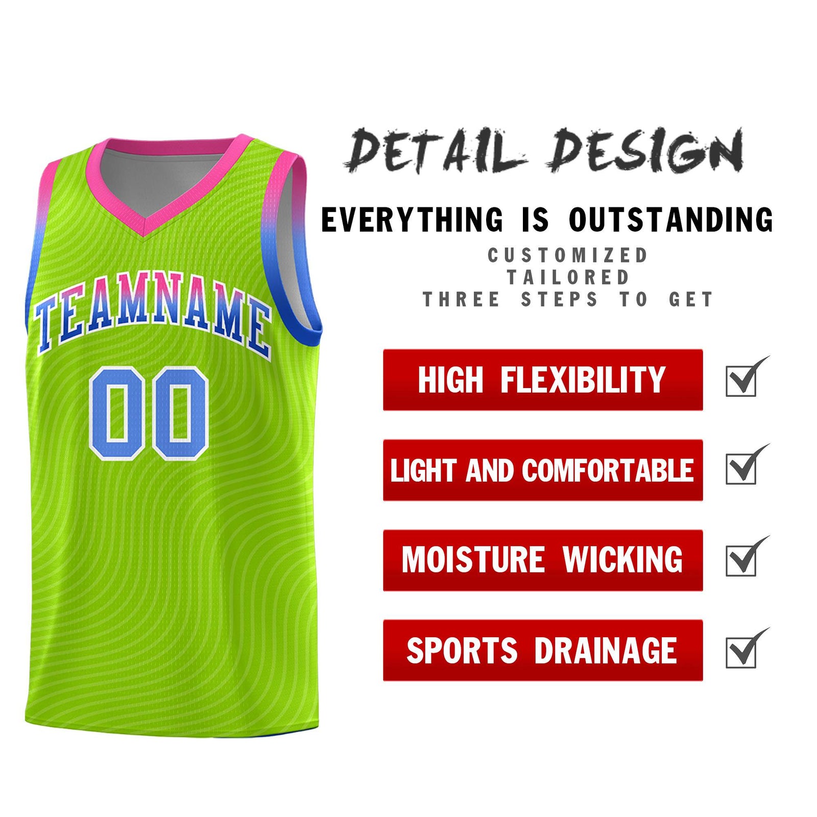 Custom Neon Green Pink Wave Pattern Sports Uniform Basketball Jersey