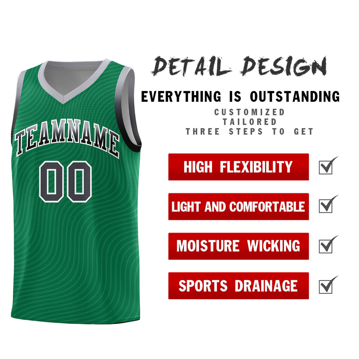 Custom Kelly Green Gray Wave Pattern Sports Uniform Basketball Jersey