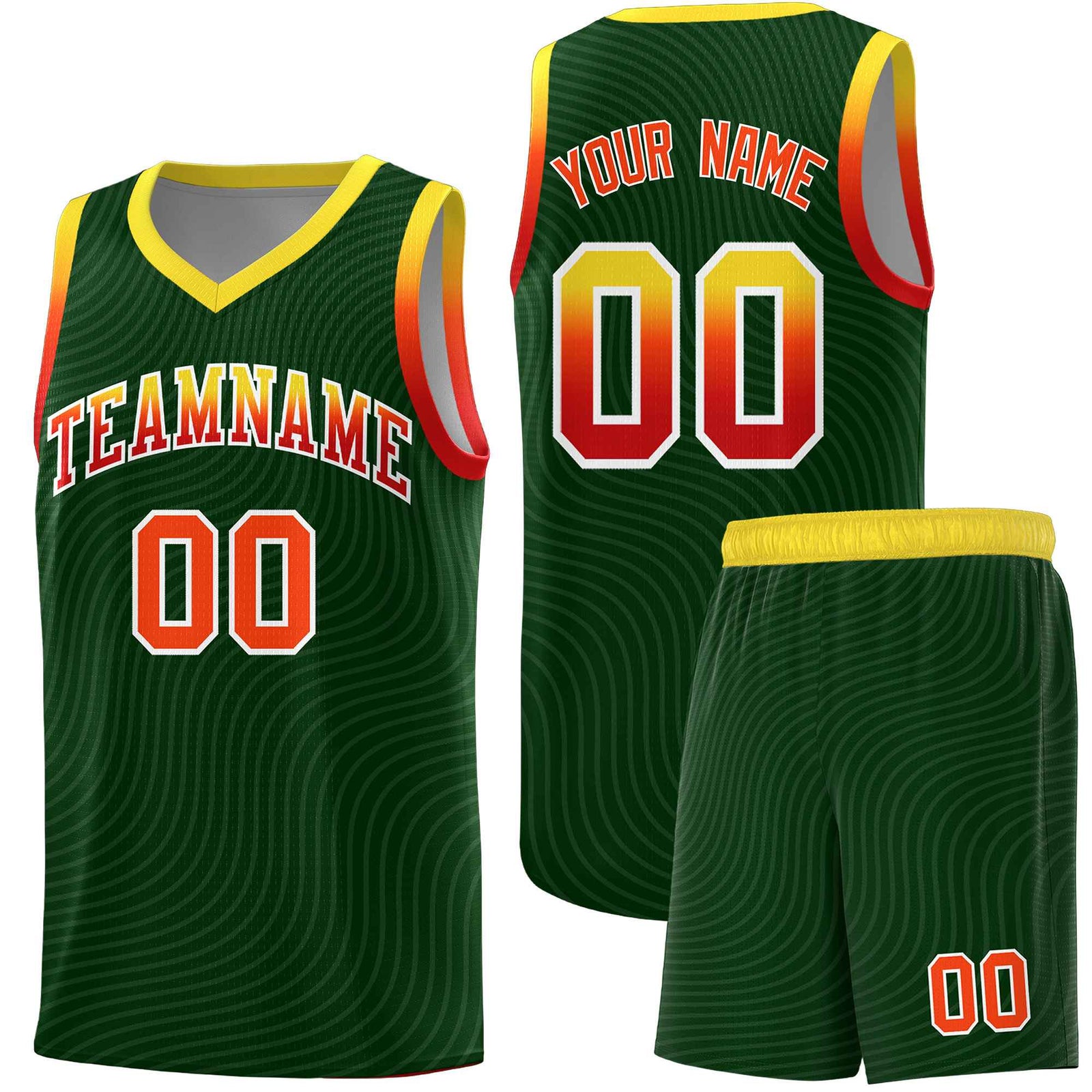 Custom Hunter Green Gold Wave Pattern Sports Uniform Basketball Jersey