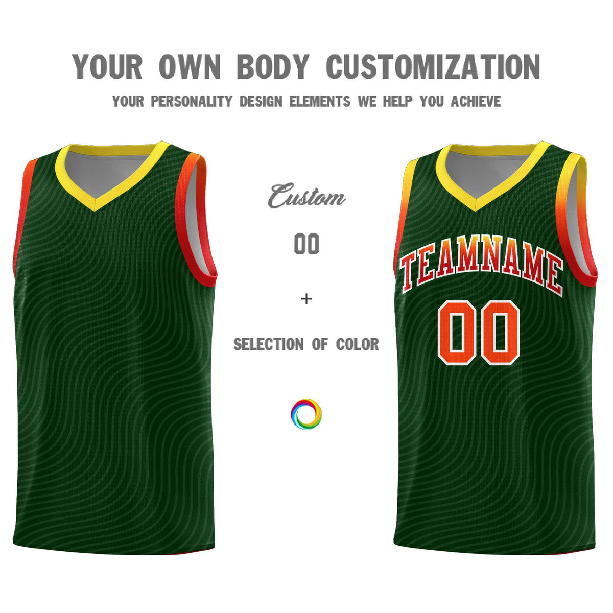 Custom Hunter Green Gold Wave Pattern Sports Uniform Basketball Jersey