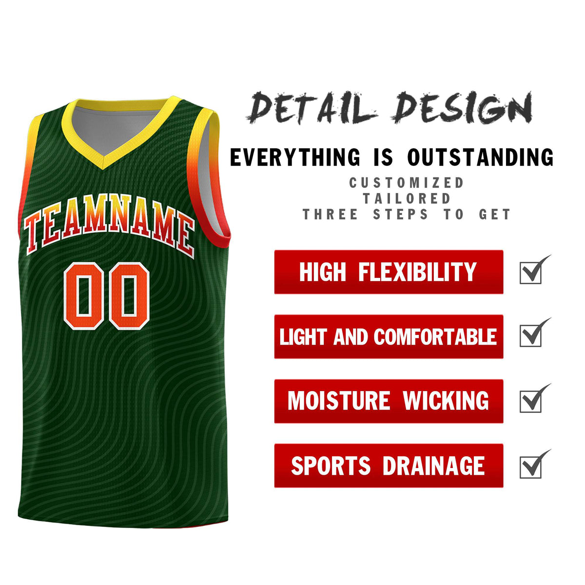 Custom Hunter Green Gold Wave Pattern Sports Uniform Basketball Jersey