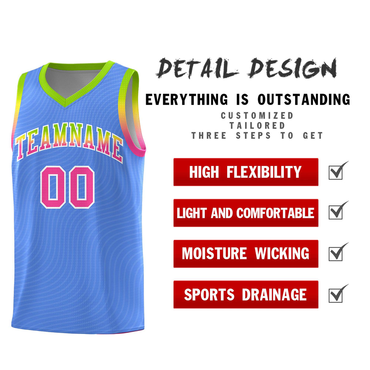 Custom Light Blue Neon Green Wave Pattern Sports Uniform Basketball Jersey