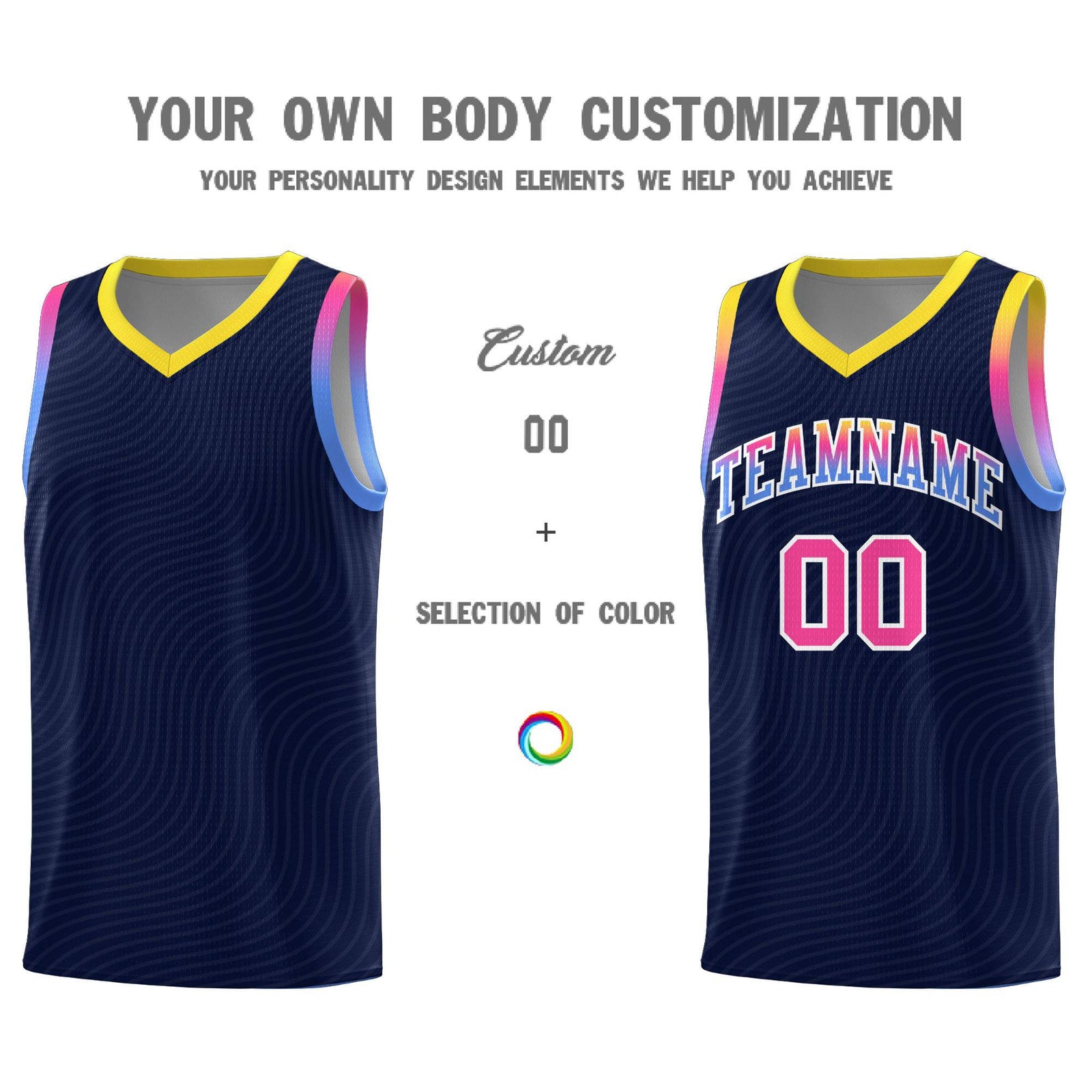 Custom Navy Gold Wave Pattern Sports Uniform Basketball Jersey