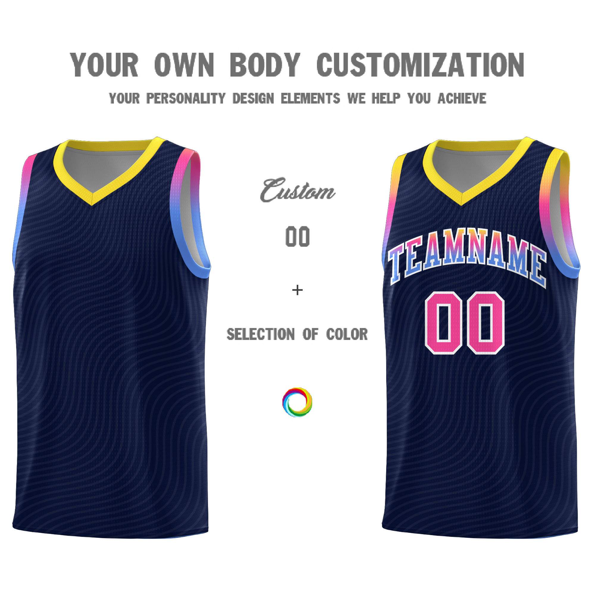 Custom Navy Gold Wave Pattern Sports Uniform Basketball Jersey