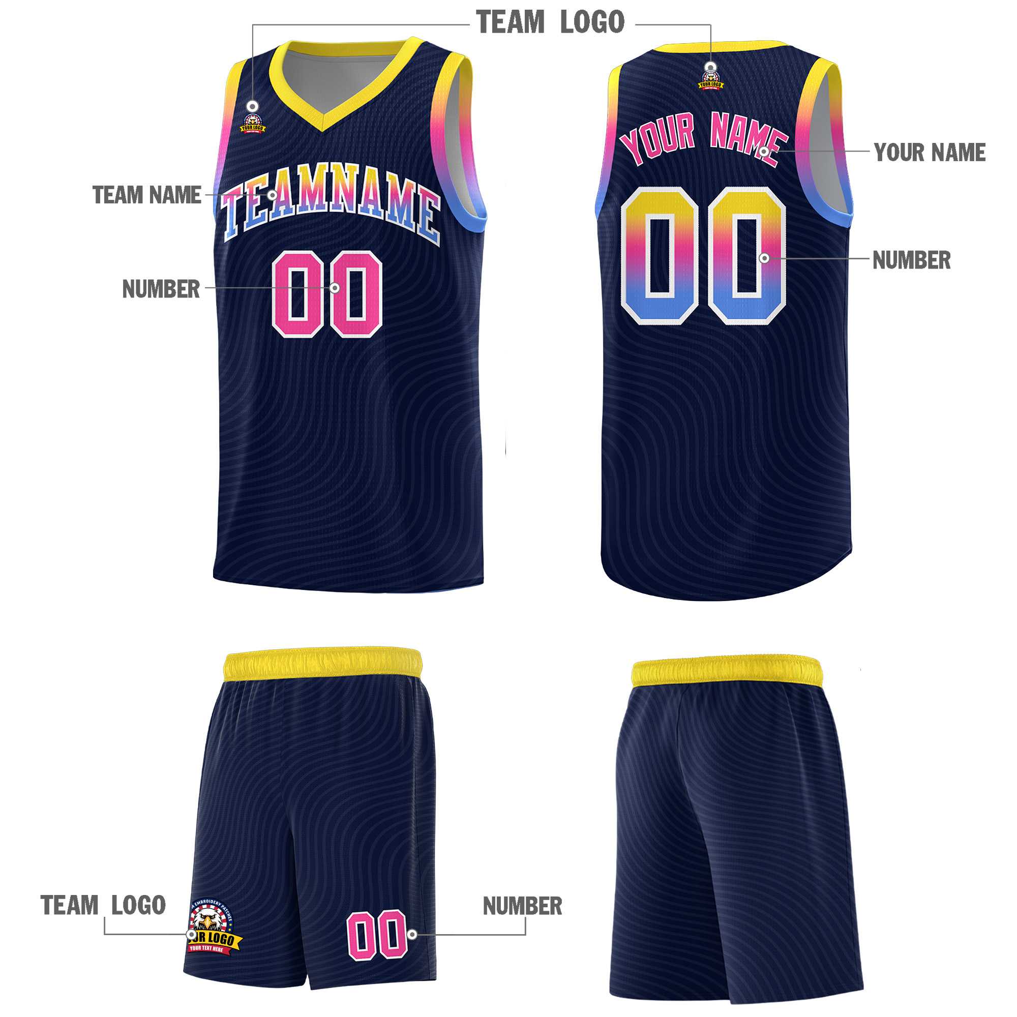 Custom Navy Gold Wave Pattern Sports Uniform Basketball Jersey