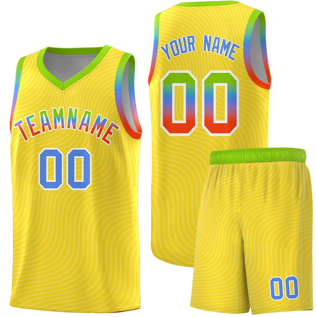 Custom Gold Neon Green Wave Pattern Sports Uniform Basketball Jersey