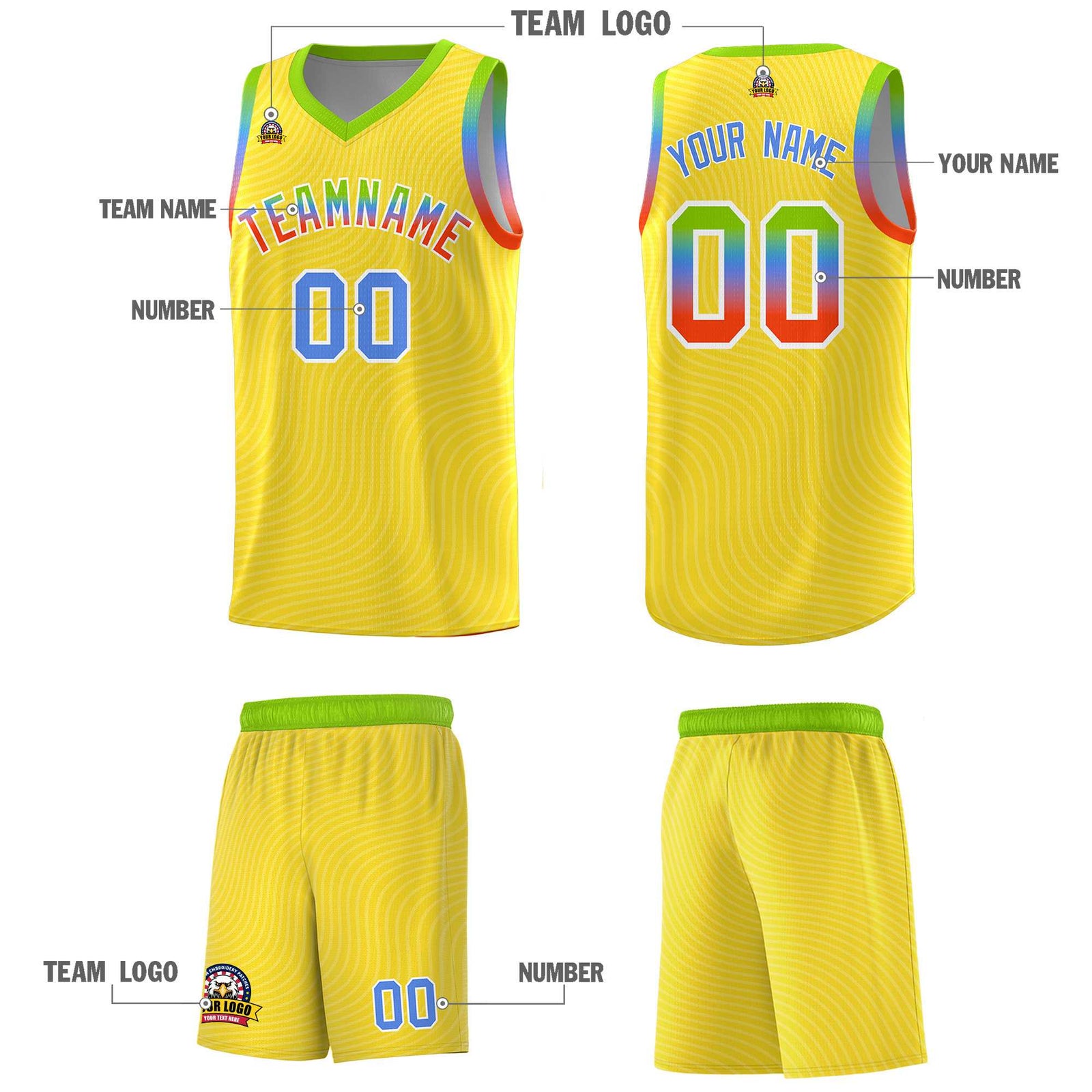 Custom Gold Neon Green Wave Pattern Sports Uniform Basketball Jersey