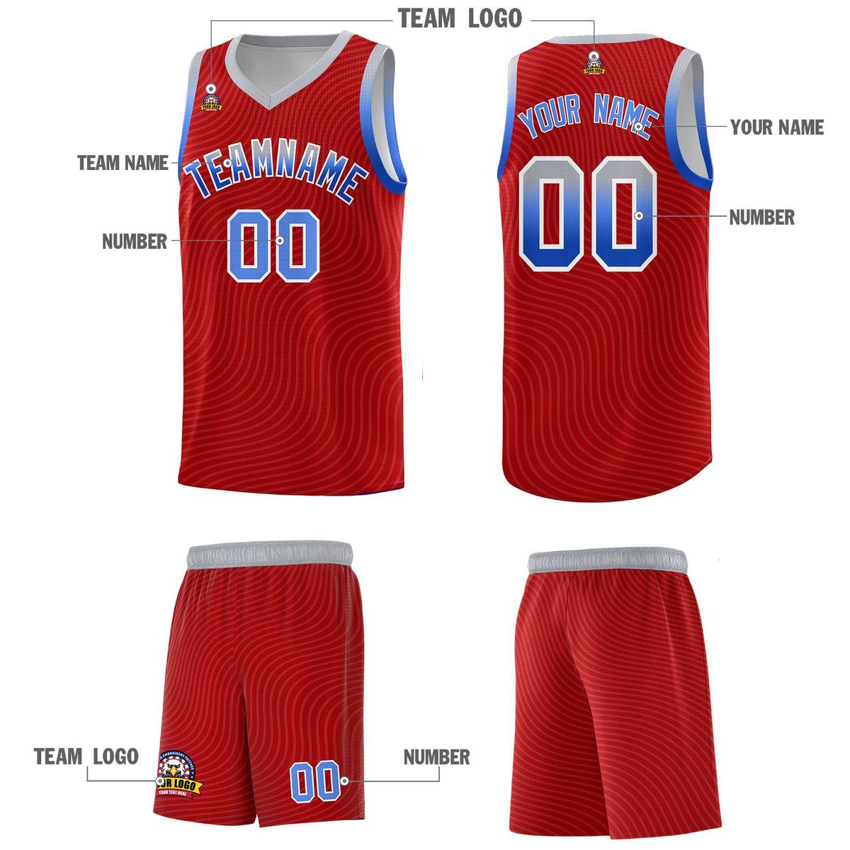 Custom Red Gray Wave Pattern Sports Uniform Basketball Jersey