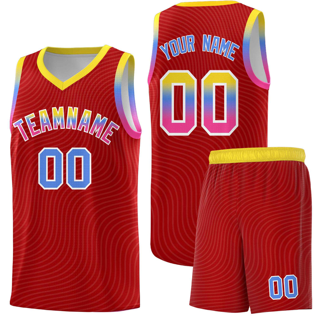 Custom Red Gold Wave Pattern Sports Uniform Basketball Jersey