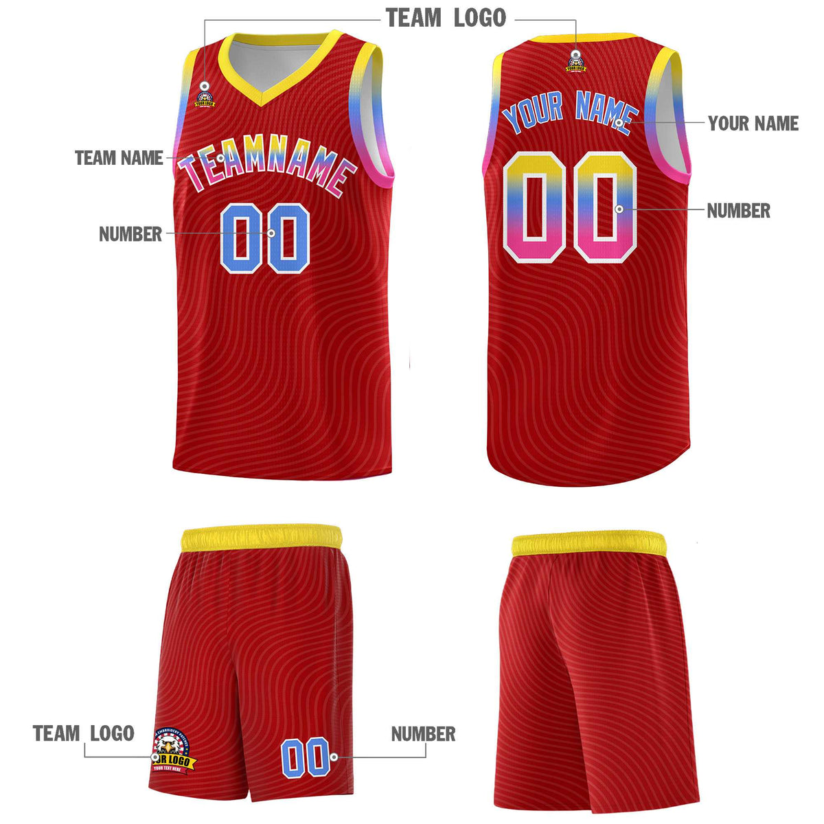 Custom Red Gold Wave Pattern Sports Uniform Basketball Jersey