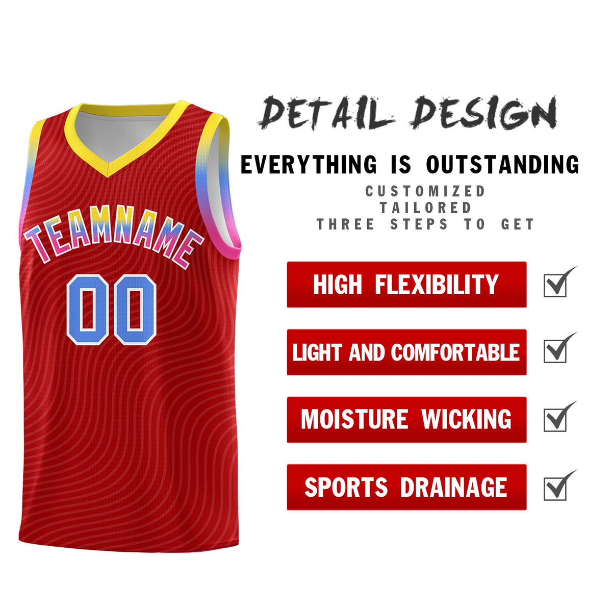 Custom Red Gold Wave Pattern Sports Uniform Basketball Jersey