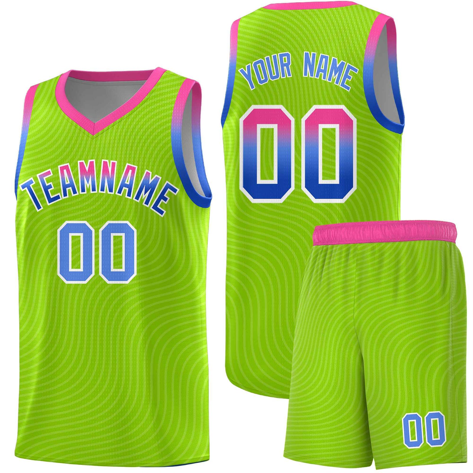 Custom Neon Green Pink Wave Pattern Sports Uniform Basketball Jersey