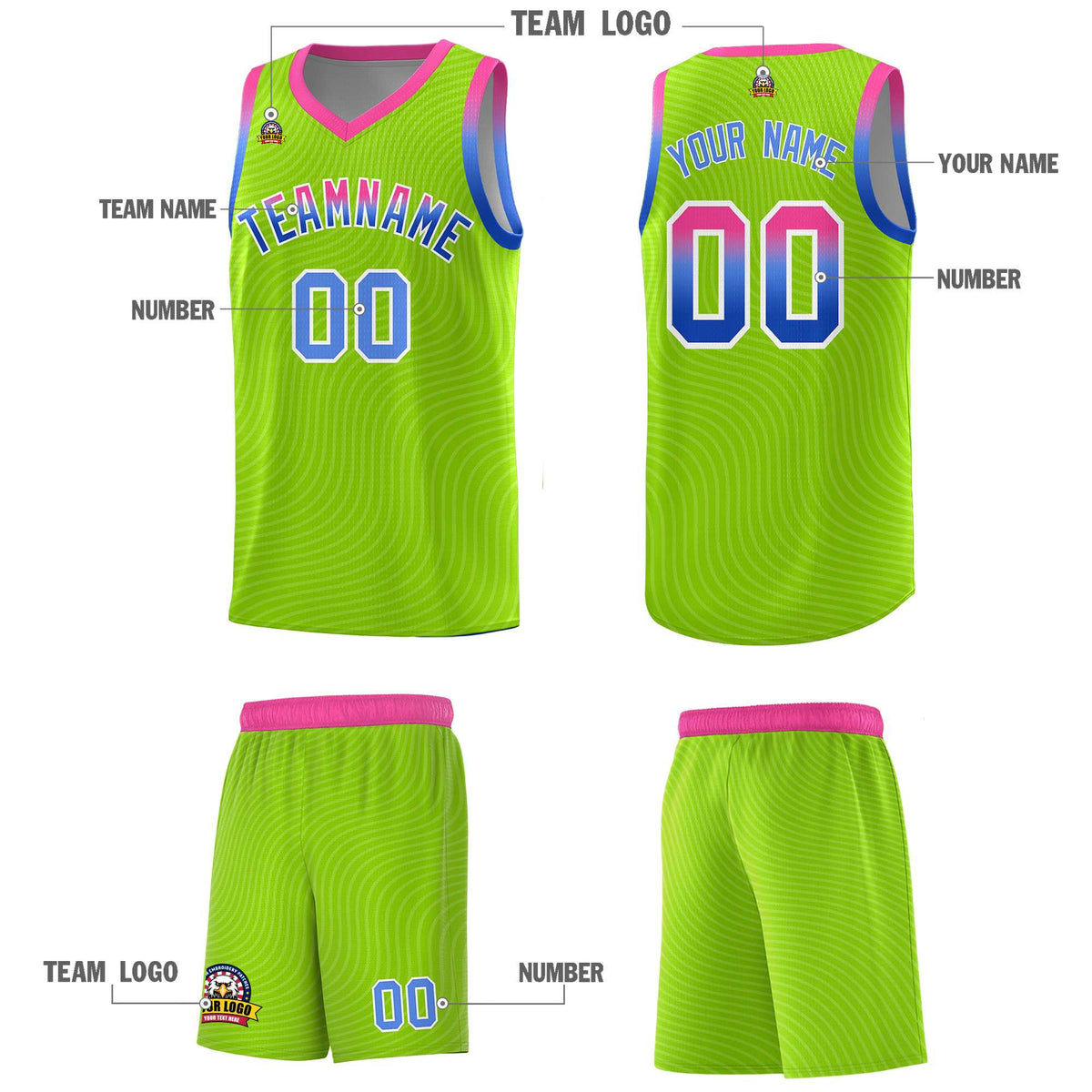 Custom Neon Green Pink Wave Pattern Sports Uniform Basketball Jersey
