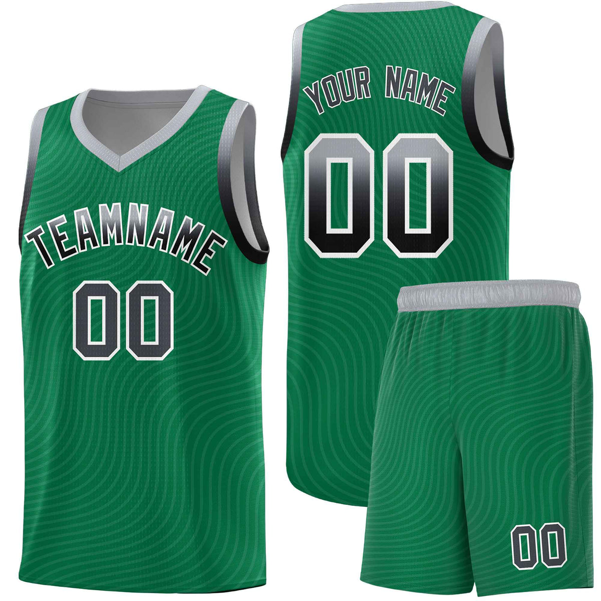 Custom Kelly Green Gray Wave Pattern Sports Uniform Basketball Jersey