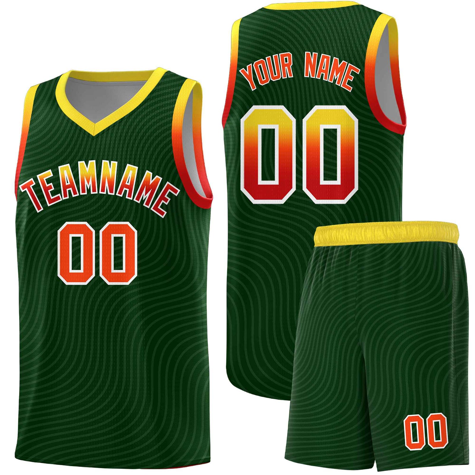 Custom Hunter Green Gold Wave Pattern Sports Uniform Basketball Jersey