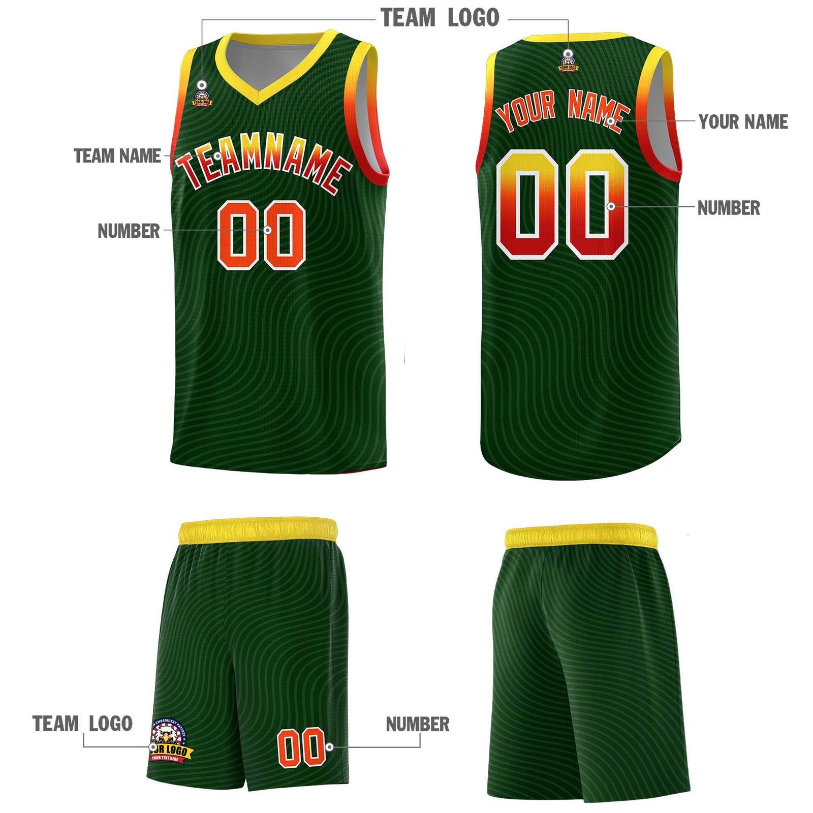 Custom Hunter Green Gold Wave Pattern Sports Uniform Basketball Jersey